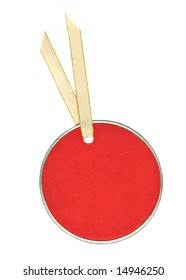 Red, Round Tag With Gold Ribbon Blank For Your Own Text.