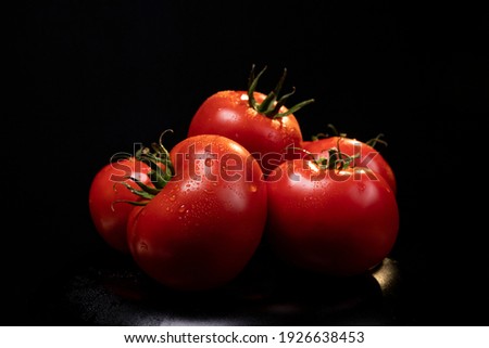 Red row ripe tomatoes with drops of water luminating. Fresh Appetizing natural antioxidants in tasty tomatoes. Heap of Tomatoes isolated on black background