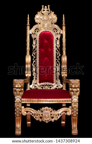 Red royal chair isolated on black background. Place for the king. Throne. Tsar's chair.