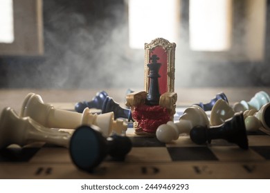 Red royal chair (Medieval Throne) miniature on chessboard. . Chess board game concept of business ideas and competition and strategy ideas concept. Selective focus - Powered by Shutterstock