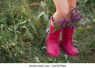 Red Rubber Boots On The Feet Of A Girl With A Bouquet Of Wild Flowers. Flowers In A Boot, Summer Time. Summer, Freedom, Nature, Countryside, Green Grass In The Field