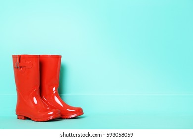 Red rubber boots on a green background