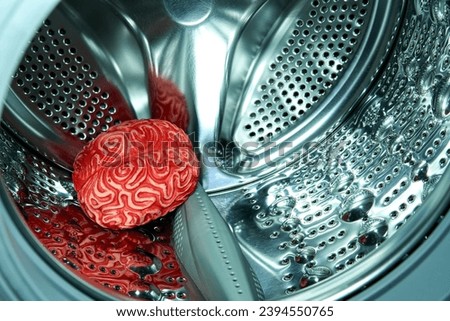 Red Rubber Human Brain Inside a Washing Machine, Brainwashing Concept.