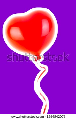 Red rubber inflatable heart shape balloon. Love, relationship, valentines day and birthday celebration concept. Magazine style fashion collage with blank copy space