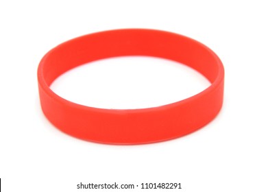 Red Rubber Wristband Mockup On Hand, Isolated. Clear Sweat Band Mock Up Design. Sport Sweatband Template Wear On Wrist Arm. Silicone Fashion Round Social Bracelet Wear