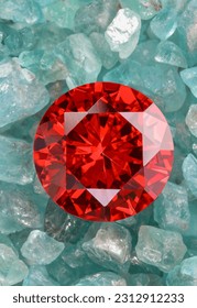 Red ruby diamond diamond on placed on a pile of raw sky blue gemstones.jewelry are lovely present for valentine daycolorful raw stone background.lived a life of luxury. 