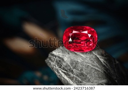 Red Ruby gemstone set against a black background, shining brightly amidst other precious jewels like diamonds and crystals, perfect for luxurious jewelry or Christmas decorations