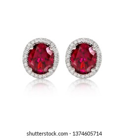 
Red ruby ​​earrings, oval shape, decorated around the diamond on a white background
