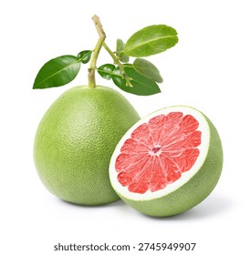 Red ruby pomelo with leaves isolated on white background.