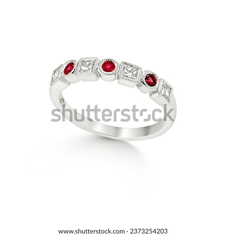 Red ruby ring with diamonds, eternity band wedding jewelry, gemstone jewelry on white isolate