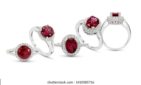 Red Ruby Ring Gemstone With  Diamond Jewelry Group On White Background Isolate