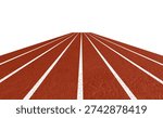 Red running track in deep perspective with white lane lines, ideal for athletics themes, fitness visuals, sport design concepts and training materials, isolated on white background with clipping path.