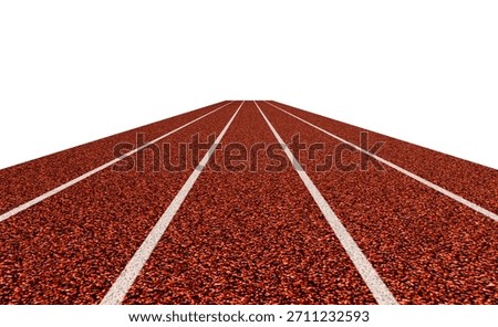 Red running track in deep perspective with white lane lines, ideal for athletics themes, fitness visuals, sport design concepts and training materials, isolated on white background with clipping path.