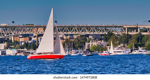 A Red Sailboat In South Lake Union