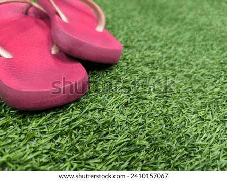 red sandals with gold straps are on the green grass