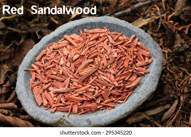 Red Sandalwood chips cut (santali rubri from Gabun) in a stone bowl with a forest soil (bark mulch, leafs) background. Design flyer, online shops, postcards, words written in transparent.