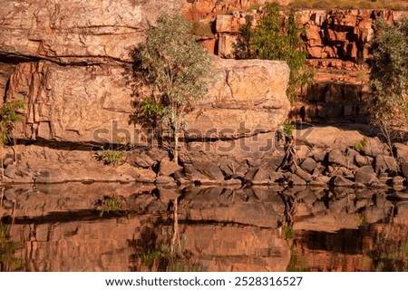 Red sandstone cliffs, Explosion Gorge, El Questro Wilderness Park, Durack, West Australia. Close up rock face reflected in Chamberlain Gorge river system