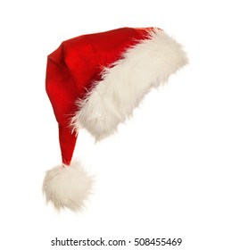 Red Santa Hat With Fur Isolated On White Background. Side View