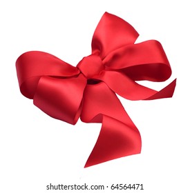 Red Satin Gift Bow. Ribbon. Isolated On White