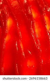 Red sauce splashes as background.