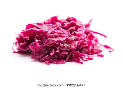 Red sauerkraut. Sour pickled cabbage isolated on white background.