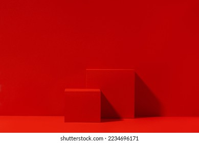 Red scene for product presentation, red podium with copy space. Front view, studio photography. - Shutterstock ID 2234696171