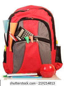 Red School Backpack With Apple Isolated On White