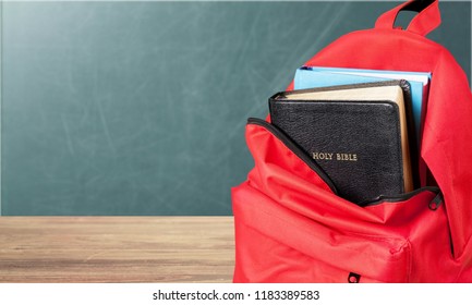 Red School Backpack With Bible Book