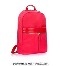 Red School Backpack Isolated On White Background. Canvas Striped Back Pack Bag With Padded Adjustable Shoulder Straps And Carry Handle. Side View Of Colorful Laptop Backpack. Modern Children's Daypack