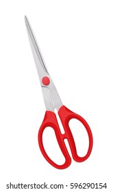 Red Scissors On Fabric Isolated On White Background