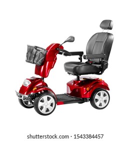 Red Scooter with Front Basket Isolated on White Background. Modern Mobility Aid Vehicle. Personal Transport Side View. Electric Wheelchair with Step Through Frame and 4-Wheel Suspension