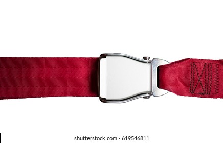 Red Seat Belt In Airplane Isolated On White Background .