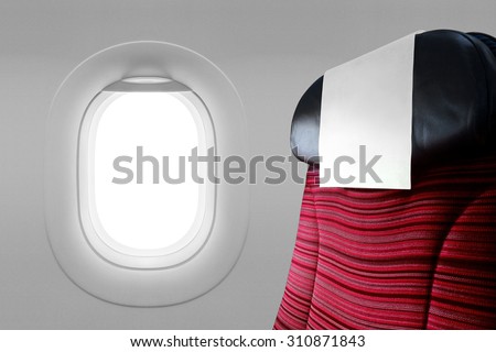 Red seat black leather and white cover for one passenger beside blank window airplane, soft light window aircraft template
