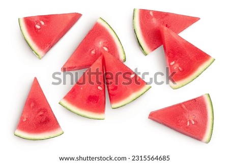 Red seedless watermelon slices isolated on white background. Top view. Flat lay