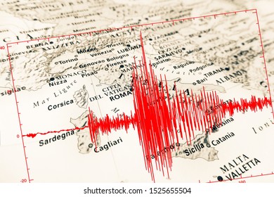 Red Seismic Wave Over Italy Map