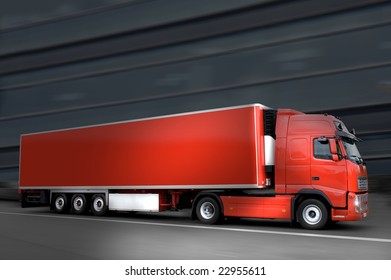 Red Semi Truck In The Night