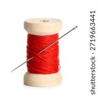 Red sewing thread with needle on white background