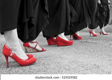 Red Shoes With Black Dresses In Black And White Photo With Color Pop