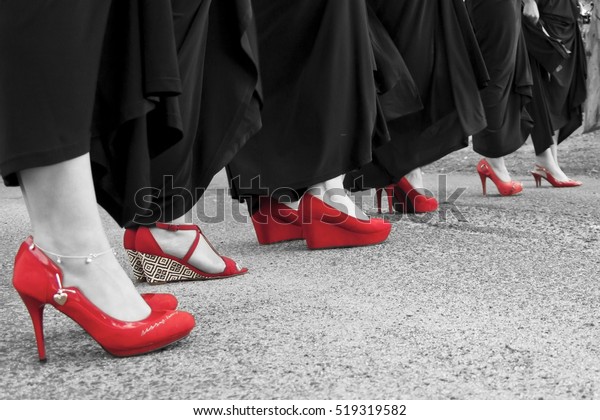 red shoes with a black dress