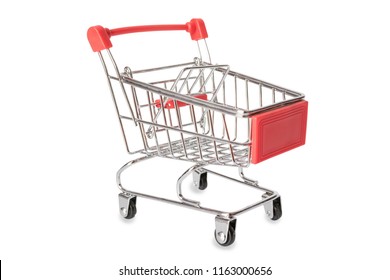 Red Shopping Cart Or Empty Supermarket Cart Isolated On White Background With Clipping Path 