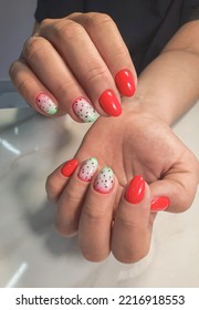 Red short nails and watermelon design and seeds  Women's nails and red gel polish   watermelon design 