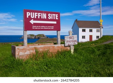 A red sign points puffin enthusiasts to a puffin viewing site in Elliston, Newfoundland
