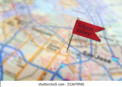 Red Silicon Valley Pin In Map Near San Jose, California                               