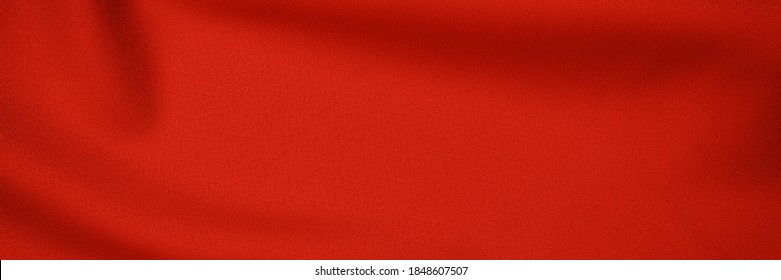 Red Silk Cloth Frame As Christmas Background Or Sale Backdrop, Banner. Red Fabric Drapes. Soft Silk Cloth Or Satin Texture.