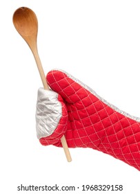 Red And Silver Oven Mitt Holding Wooden Kitchen Spoon.