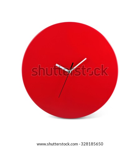Red simple round wall clock - watch isolated on white background