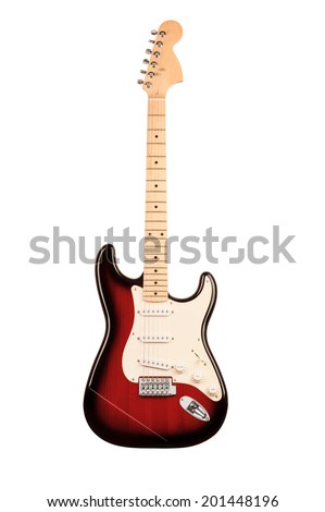 red six-stringed electric guitar isolated on white background