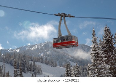 Red Ski Tram Over Ski Resort At Snowbird, Utah
