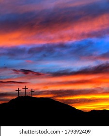 Red Sky Easter Scene With Crosses - Religious Christian Background