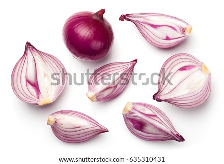 Red sliced onions isolated on white background. Top view